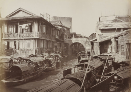 Boats and houses in Canton, album page, photograph, Part of Album with 50 photos of a trip through