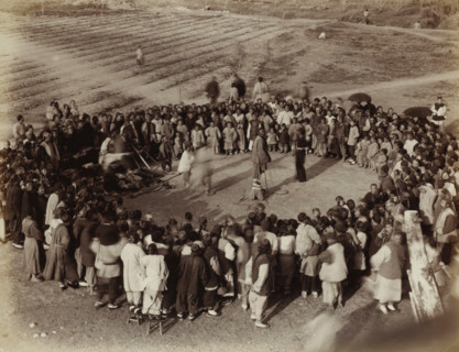 Chinese people in a circle at an outdoor board game, album page, photograph, Part of Album with 50