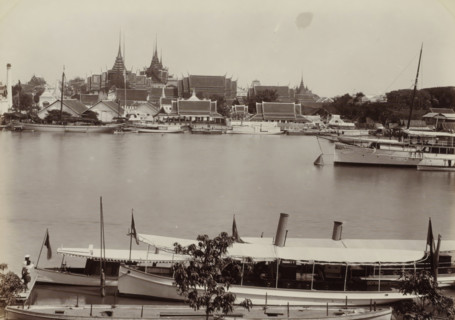 Menam River in Bangkok with buildings and boats, seen from the Royal Dock Yard, Menam River from