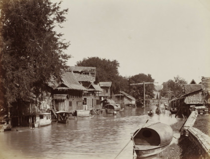 Village by a water in Siam, album page, photograph, Part of Album with 50 photos of a trip through