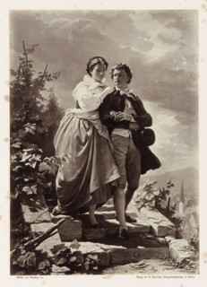 Photo reproduction of a painting by AG von Ramberg, depicting Dorothea and Hermann during an