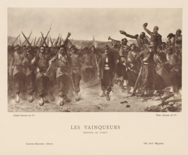 Photo reproduction of a painting by Alexandre Protais, depicting soldiers returning to their camp