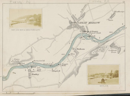 View of a weir in the Thames near Hurley, New Lock weir and Harleyford cliffs, photograph, page,
