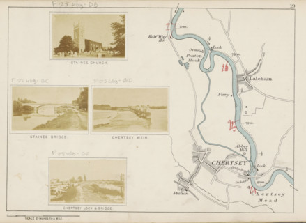 View of a lock and a bridge over the Thames at Chertsey, Chertsey lock and bridge, photograph,