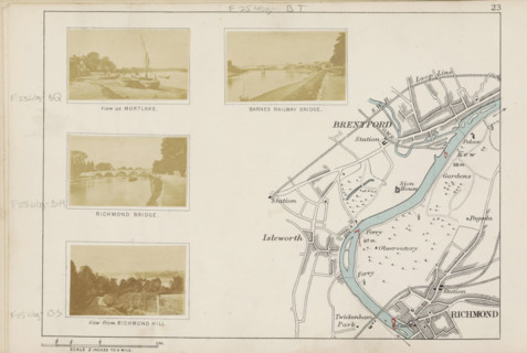 View at Mortlake, View of the Thames with boats on the bank at Mortlake, photograph, page,