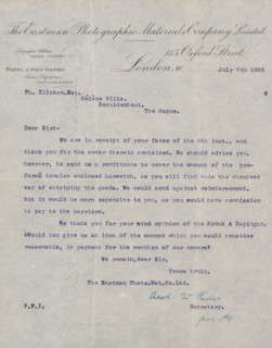 Letter to Philip Zilcken, letter, writer (clerical worker): Eastman Photographic Materials Company