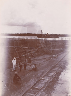 Overview of part of the construction pit and 9th caisson, photograph, Construction site with
