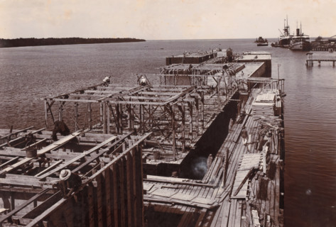 Panorama from construction jetty 5 caissons 1st phase fully cast, Ocean Harbor Belawan, photograph,