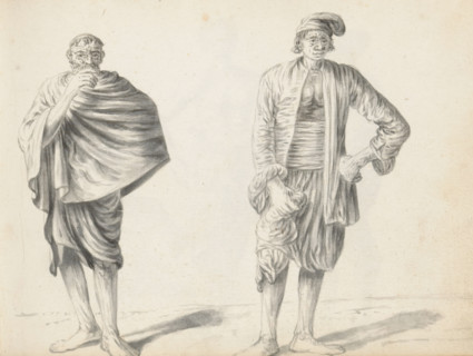 Two individuals, sketchbook page, Two men are standing outside on a road or street. The man on the