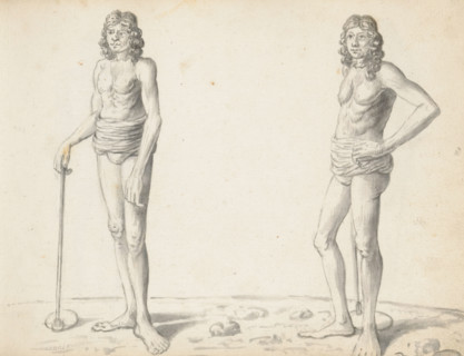 Two Sinhalese tillers, sketchbook page, Two men are standing outside in an open field. They are