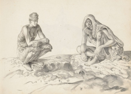 Two laborers, sketchbook page, Outside on uneven terrain, two men are sitting on the ground. He is