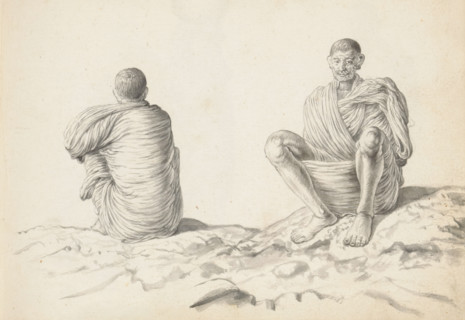 Two labourers, sketchbook page, Outside on uneven terrain, two men are sitting on the ground with