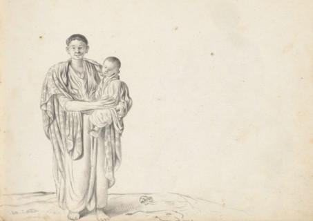 Woman with a child, sketchbook page, A standing Asian or Eurasian woman carries a child on her left