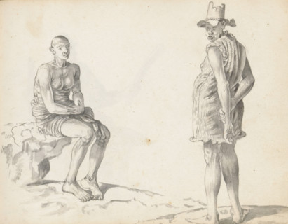 Two laborers, sketchbook page. On the left, a man sits on a rock alongside uneven terrain. A
