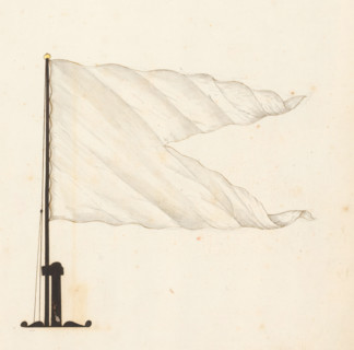 Flag of France, drawing, entirely white and forked. Flag on flagpole and mast base. Depicted on