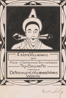 Design for an advertisement for Crème Villaenkoz shaving foam, drawing, design, A man with a hat