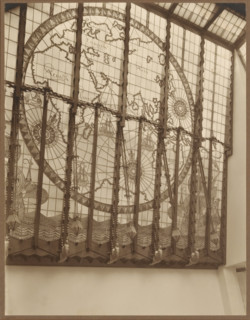 Stained glass window with continents and sailing ships, photograph, check stamp: 'BERN.P.EILERS,