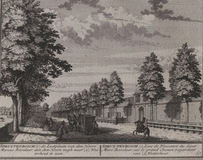 Photo reproduction of a print of a front view of the Spruitenbosch homestead in Haarlem by Hendrik