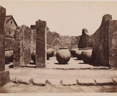 Remains of a shop with oil jars in Pompeii, Pompei magasin huile, photograph, collector's mark: