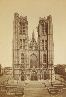 Facade of the Cathedral of Saint Michael and Saint Gudula in Brussels, Belgium, photograph,