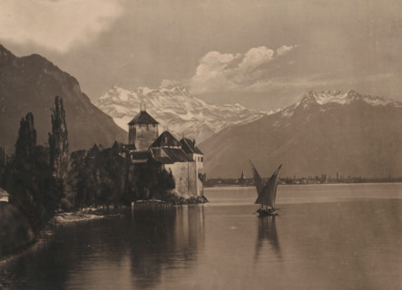 Chillon and the Dent of the Midi, Reproduction of a painting of Chillon Castle on Lake Geneva, with