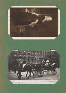 Two picture postcards of a portrait of Queen Mother Emma and a visit by Queen Wilhelmina to Paris,