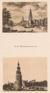 Two views of the Montelbaan Tower in Amsterdam, one of which is a reproduction of a print by Simon