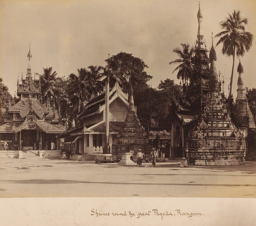 Shrine around the Shwedagon Pagoda, Yangon, Myanmar, album page, photograph, Pagoda with burial