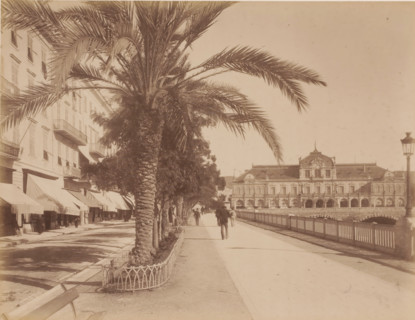 Boulevard, France ?, photograph, View of the boulevard with shops on the left, a bridge and behind