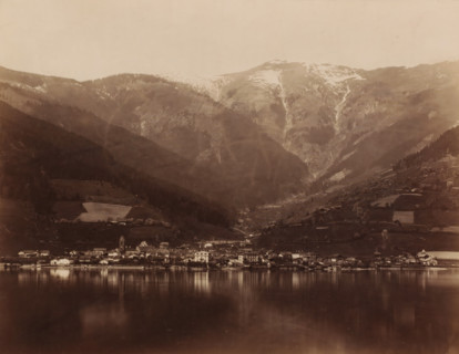 Landscape with a lake and mountains and a place on the shore of the lake, photograph, c. 1880 - c.