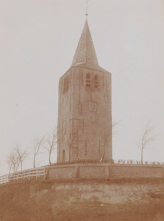 Tower of the Reformed Church in Oosterwierum, demolished in 1905, photograph, annotation:
