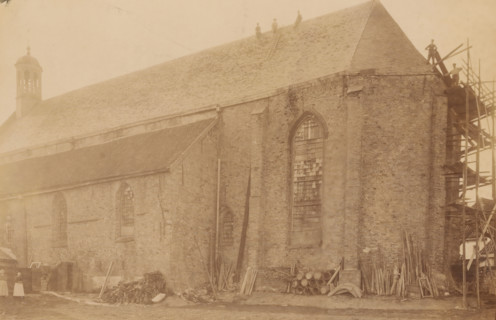 Broerekerk in Bolsward, during repair or restoration work, photograph, annotation: 'Bolsward (Fr),