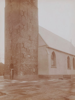 St. John the Baptist Church in Huizum, photograph, annotation: 'Detail of tower and Church of the