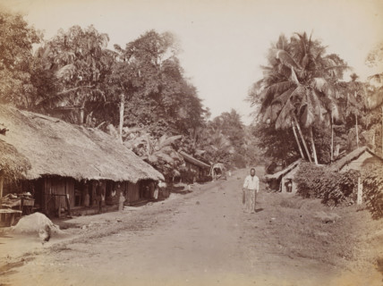 Veyangoda, Sri Lanka, photograph, Street with thatched houses on either side and a posing man with