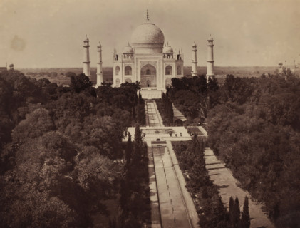 View of the Taj Mahal with trees on the foreground, Agra, Uttar Pradesh, India, photograph, Taj
