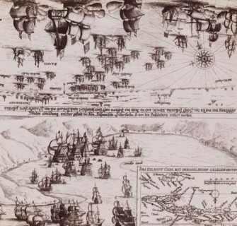 Photo reproduction of Piet Hein's print Sea Battle against Dunkirk and Conquest of the Silver Fleet