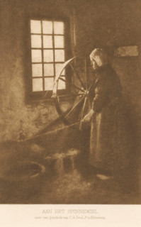 Woman by a spinning wheel, At the spinning wheel, page, photomechanical print, inscription: 'after