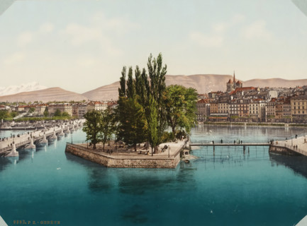 Geneva, Île Rousseau in Geneva, album page, photomechanical print, This print is part of an album.,