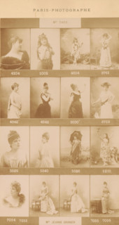 Sixteen portraits of Louise Théo and Jeanne Granier in various theater roles, photograph, page,