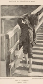 Boy with a basket on his shoulder walking down a staircase, Raggy Jack, page, photomechanical