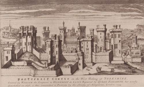 Reproduction of a print of a view of Pontefract Castle, reproduction, page, photomechanical print,