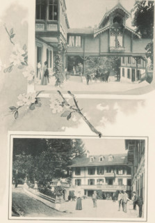 Two views of outbuildings with guest accommodation at the baths of Heustrich-les-bains near Spiez,