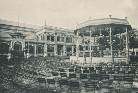 Pailas des fêtes, View of a kiosk in front of Palais des fêtes during the 1894 World Exhibition in