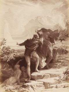 Photo reproduction of a drawing of Faust and Mephistopheles with Gretchen in the background, from