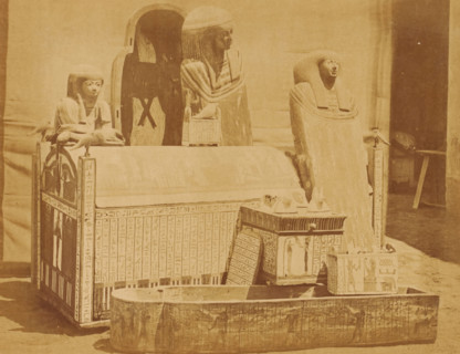 Several sarcophagi in the Boulaq Museum in Cairo, Egypt, photograph, page, photographer: Hippolyte