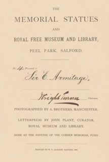 The memorial statues and Royal Free Museum and Library, Peel Park, Salford, letterpress by John