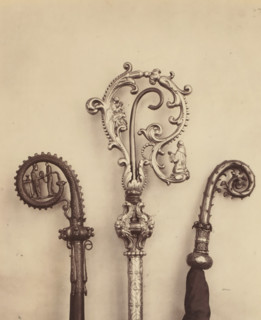 Three decorated episcopal staffs, displayed at an exhibition of religious objects from the Middle