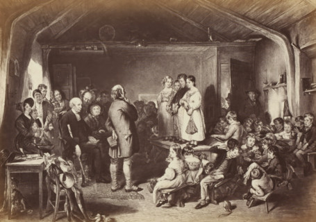 Photo reproduction of an engraving of Examination of a Village School, after the painting by Sir