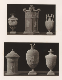 Five vases and a candlestick, photograph, page, photographer: Joseph Cundall, c. 1868 - in or