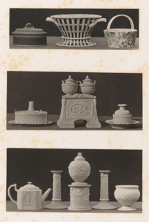 Basket, teapot, inkwells, candlesticks and vases with female figures and the wedding of Cupid and